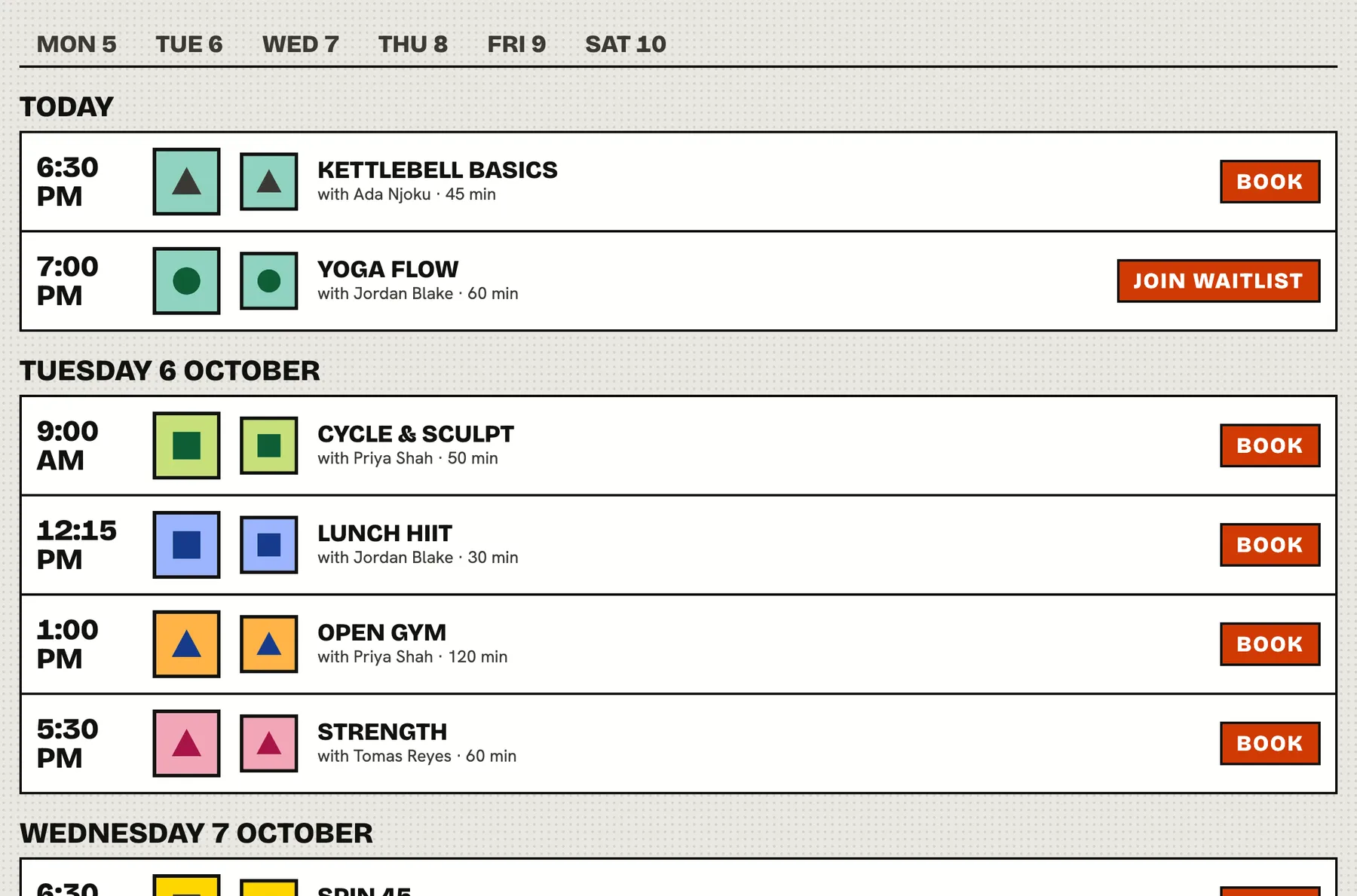 Booking widgets screen