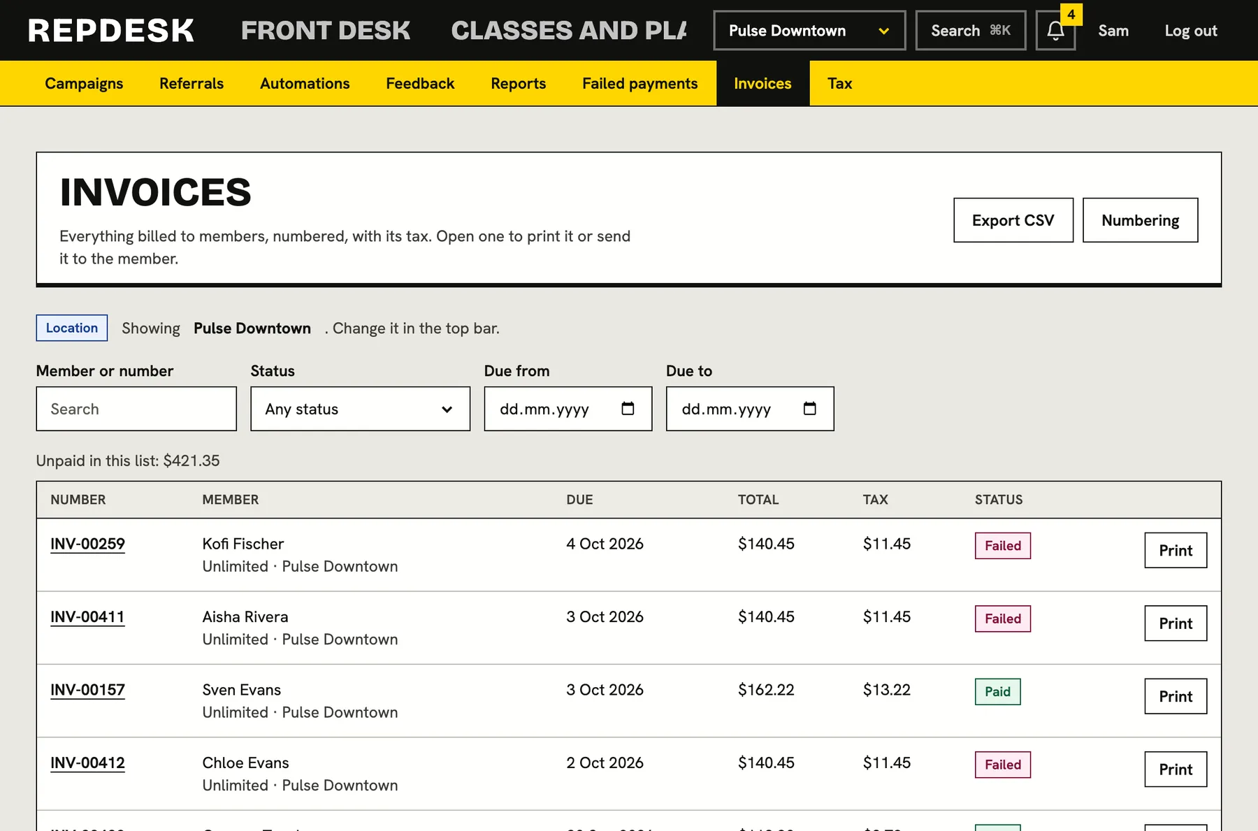 Invoices and tax screen