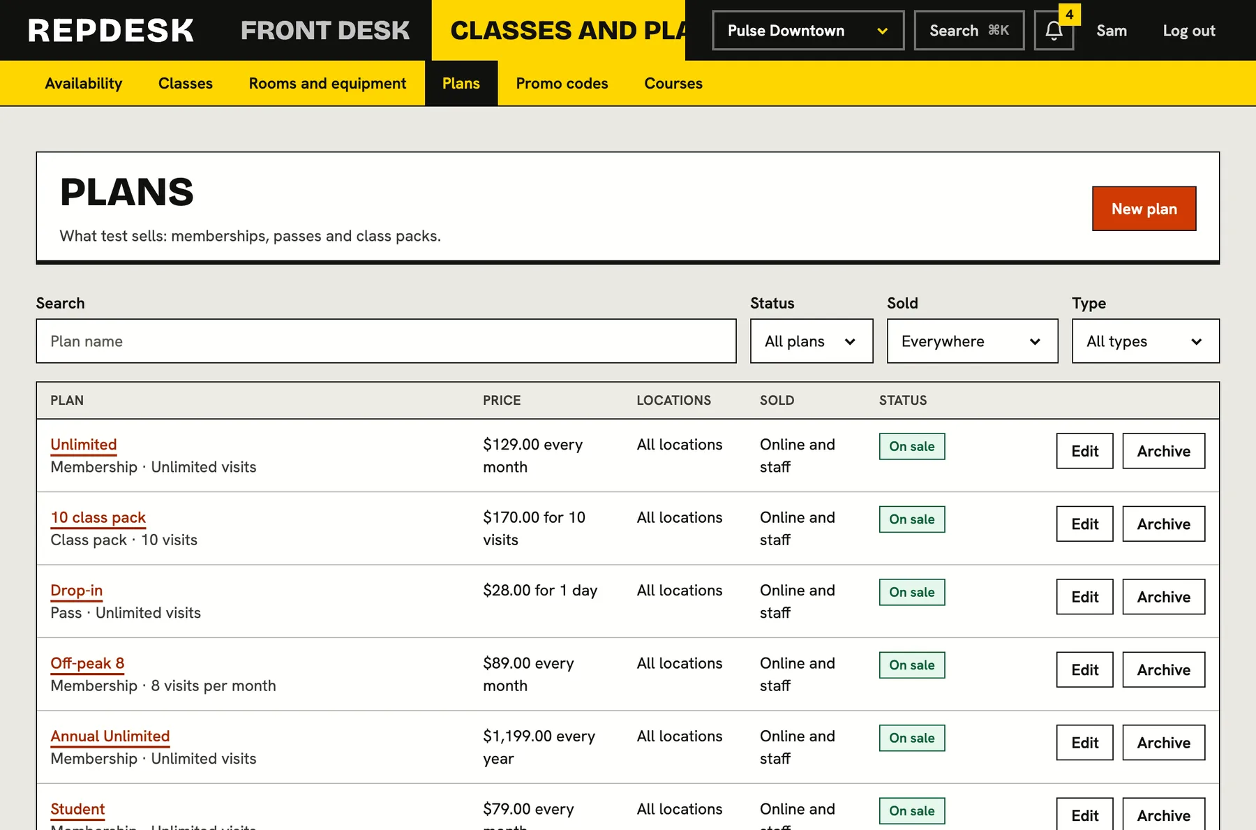 Memberships and plans screen