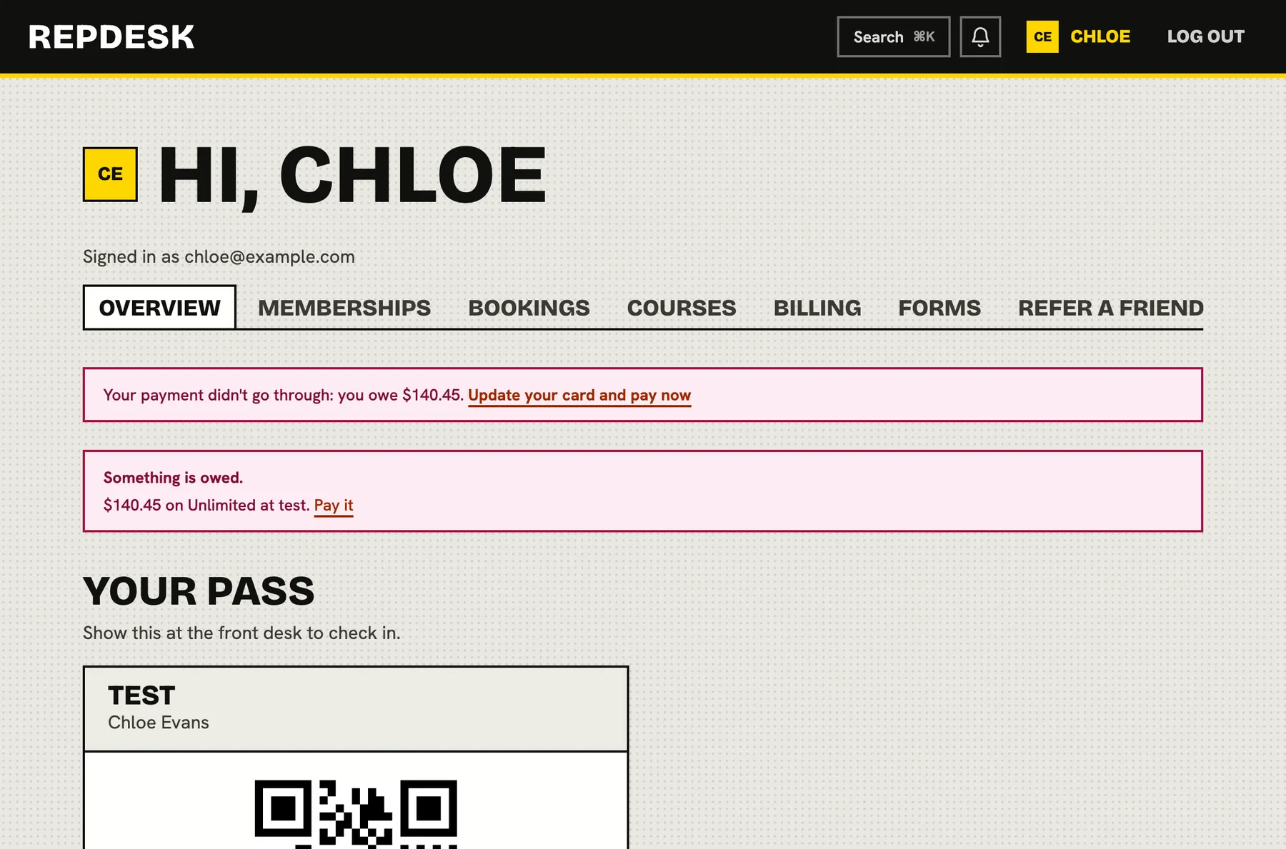 Member portal screen